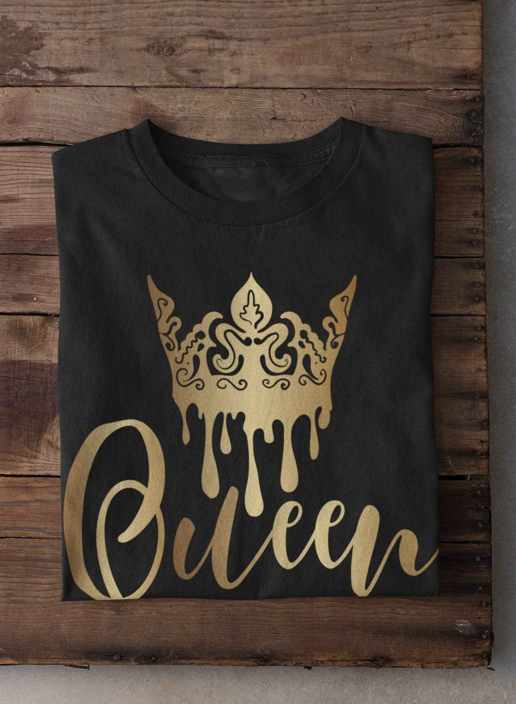 Queen Crown T-Shirt, Gold Metallic Design, Black Cotton