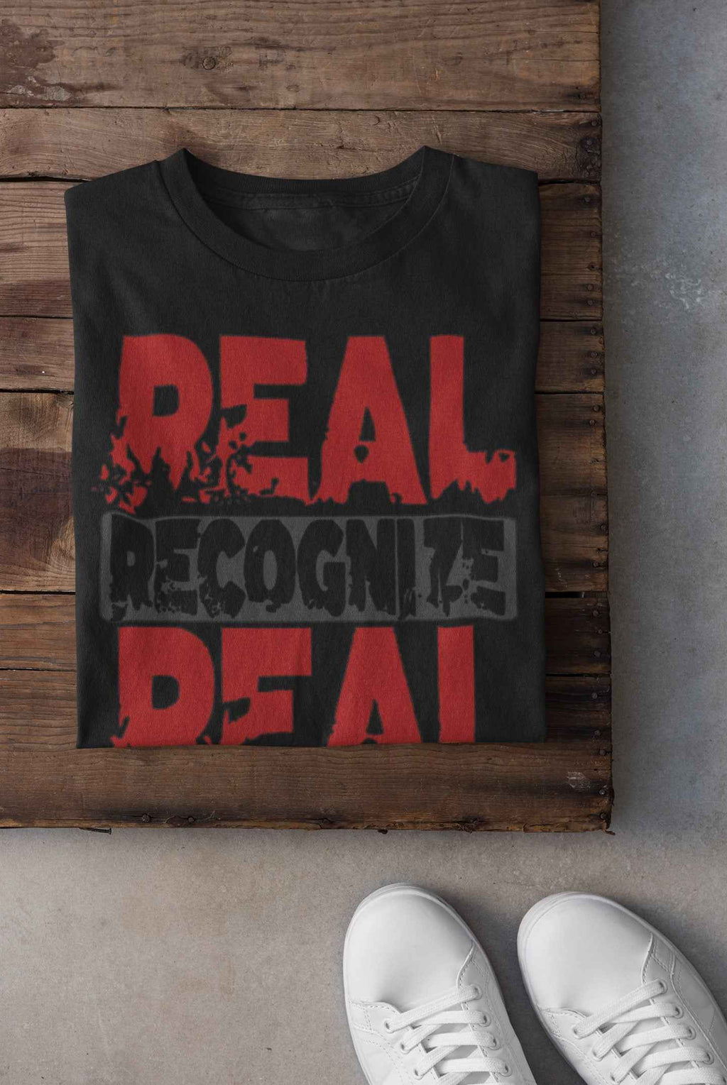 Real Recognize Real Graphic T-Shirt, Black and Red Design, Short Sleeve