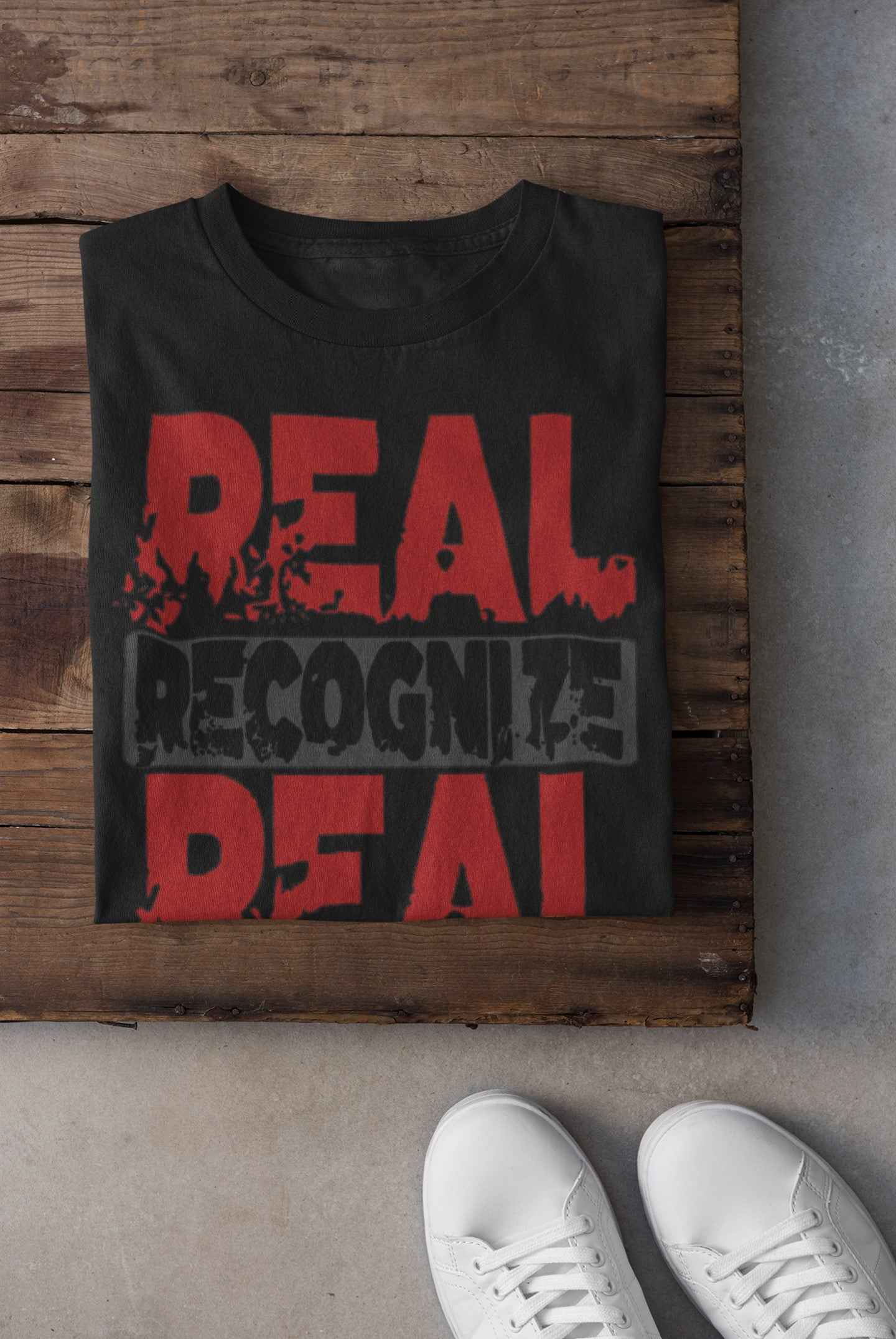 Real Recognize Real Graphic T-Shirt, Black and Red Design, Short Sleeve