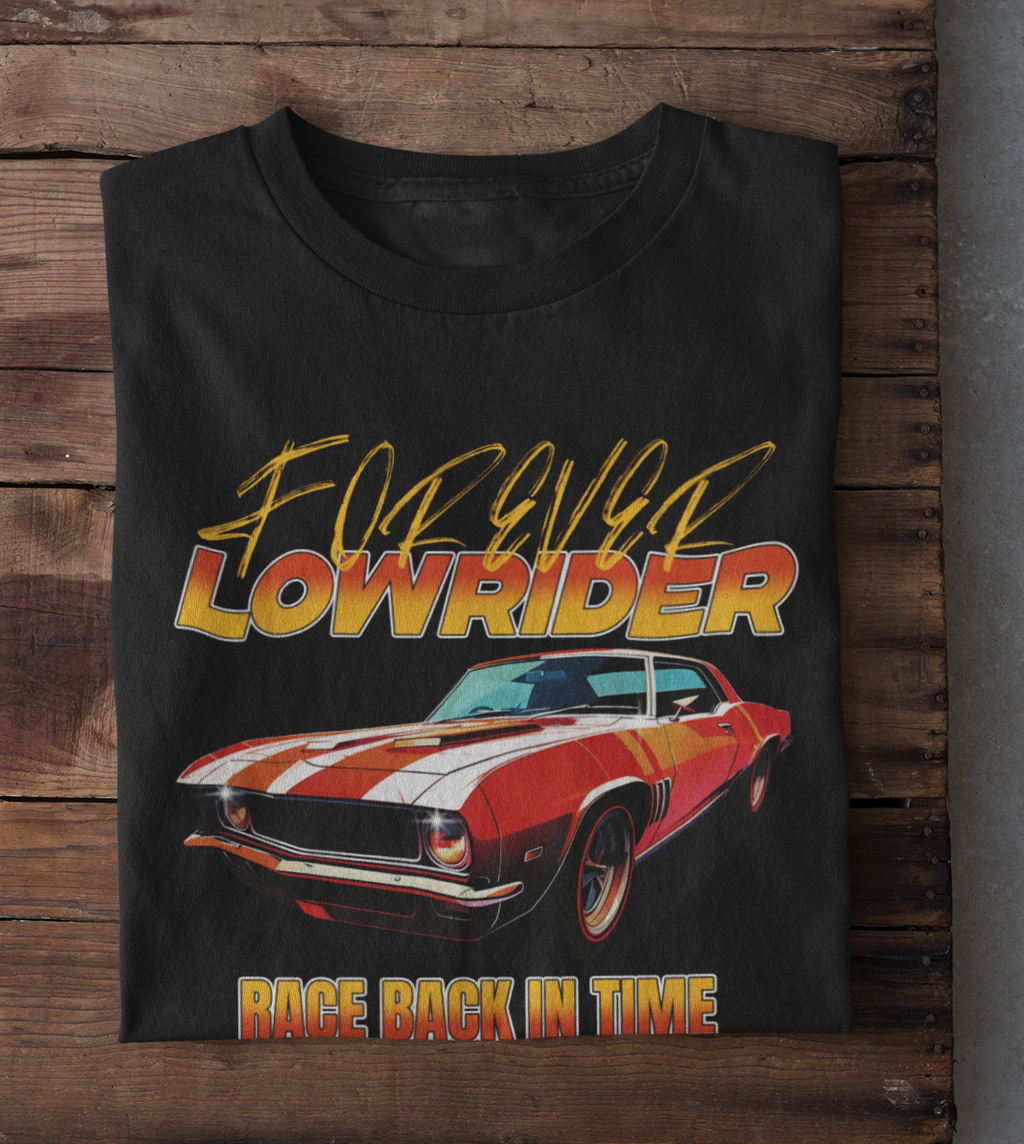 Black t-shirt with a red and white car graphic and 'Forever Lowrider' text on a wooden surface