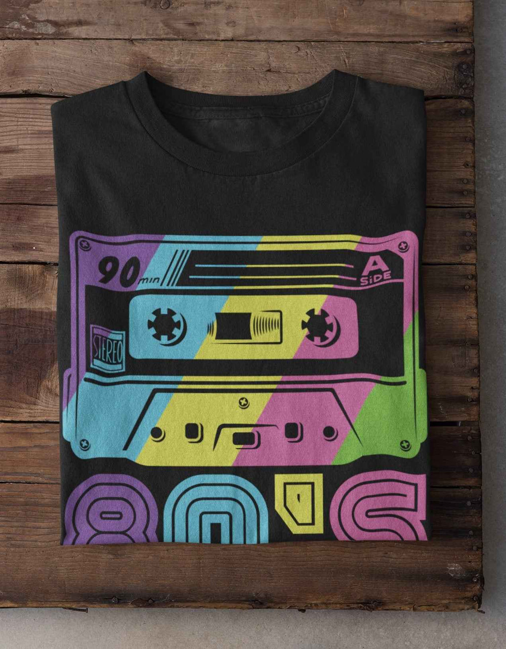 80's Vibe Retro Cassette T-Shirt, Black, Rainbow Graphic Design