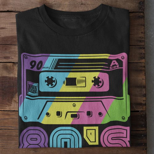 80's Vibe Retro Cassette T-Shirt, Black, Rainbow Graphic Design -- 974721R-15