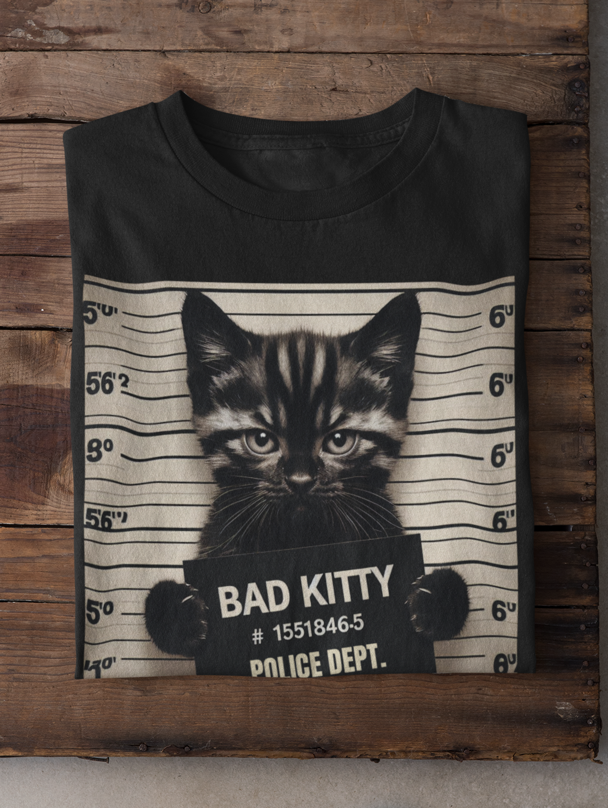 Black t-shirt with a cat mugshot design on a wooden background