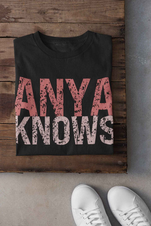 ANYA Knows Distressed Text T-Shirt, Black with Pink Gradient Design, Size M