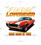 Red and white lowrider car with 'Forever Lowrider' text on a white background