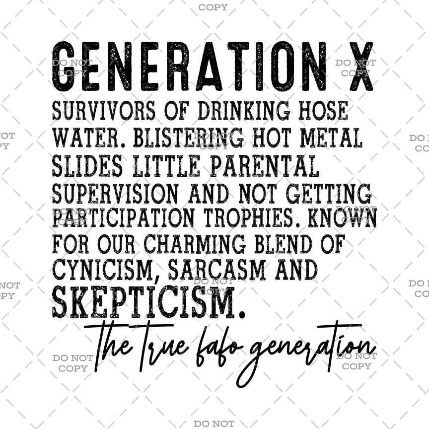 Generation X Retro Typography DTF Transfer Design, 1965-1980, T-Shirt Print