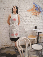 Folklore Design Embroidered Canvas Apron, Striped Kitchen Apron with Red Folk Art Motif