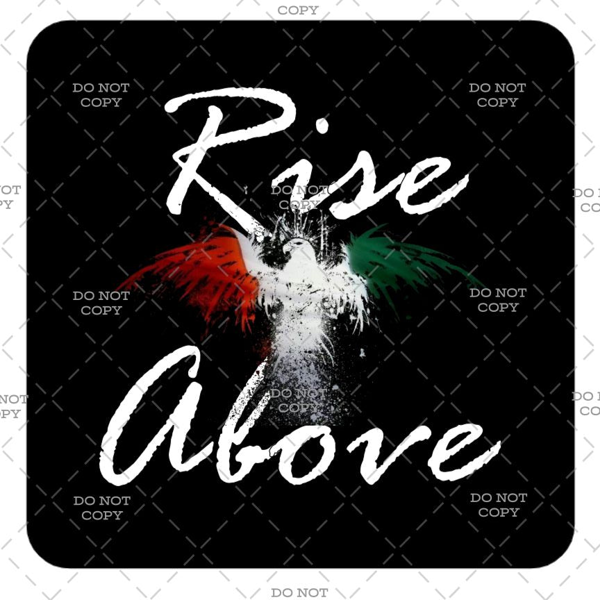 A square black graphic design with rounded corners featuring the words 'Rise Above' in large white script. A distressed white angel figure with red and green wings is centered behind the text.