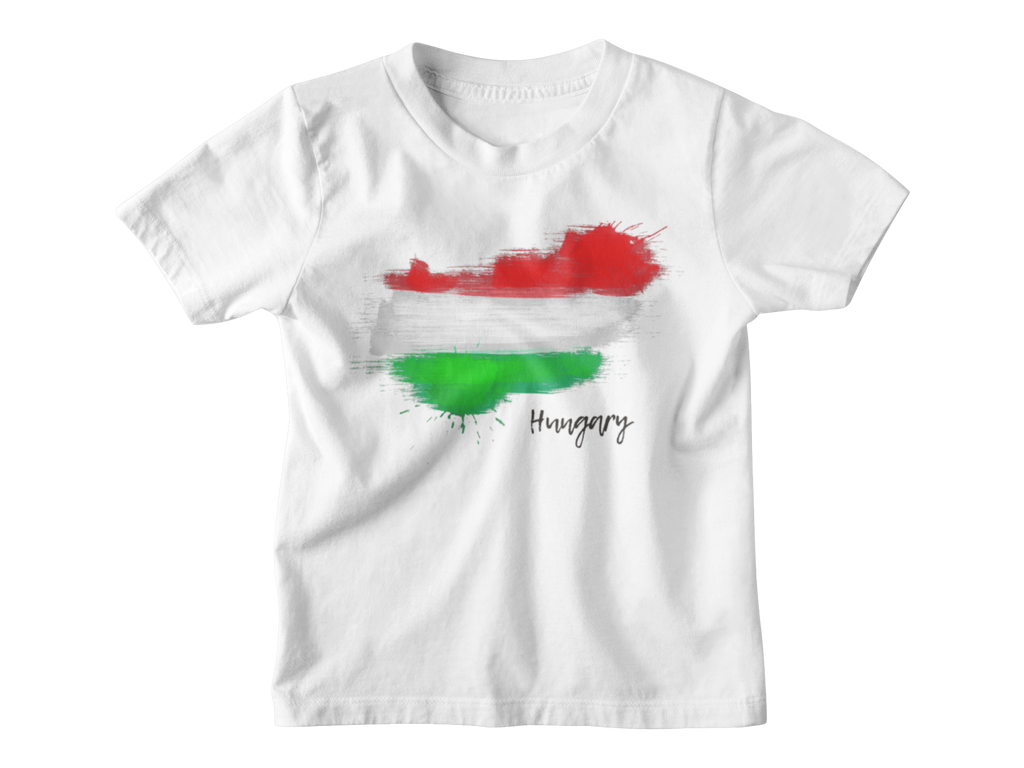 White t-shirt with a map of Hungary in red, green, and yellow on a white background