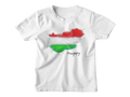 White t-shirt with a map of Hungary in red, green, and yellow on a white background