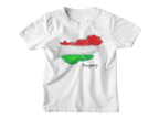 White t-shirt with a map of Hungary in red, green, and yellow on a white background