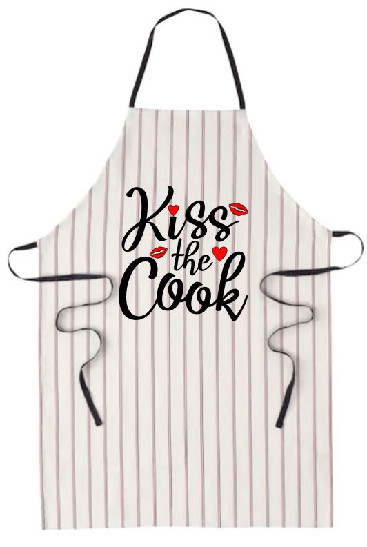 Striped apron with 'Kiss the Cook' text on a white background