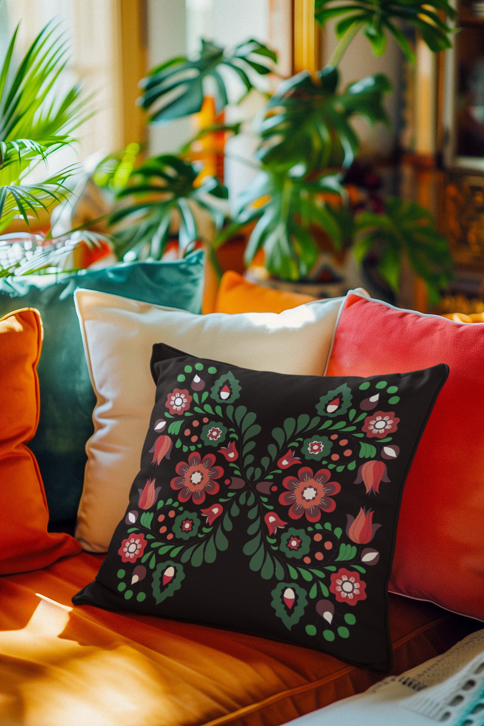Decorative pillow with floral pattern on a colorful sofa with plants in the background