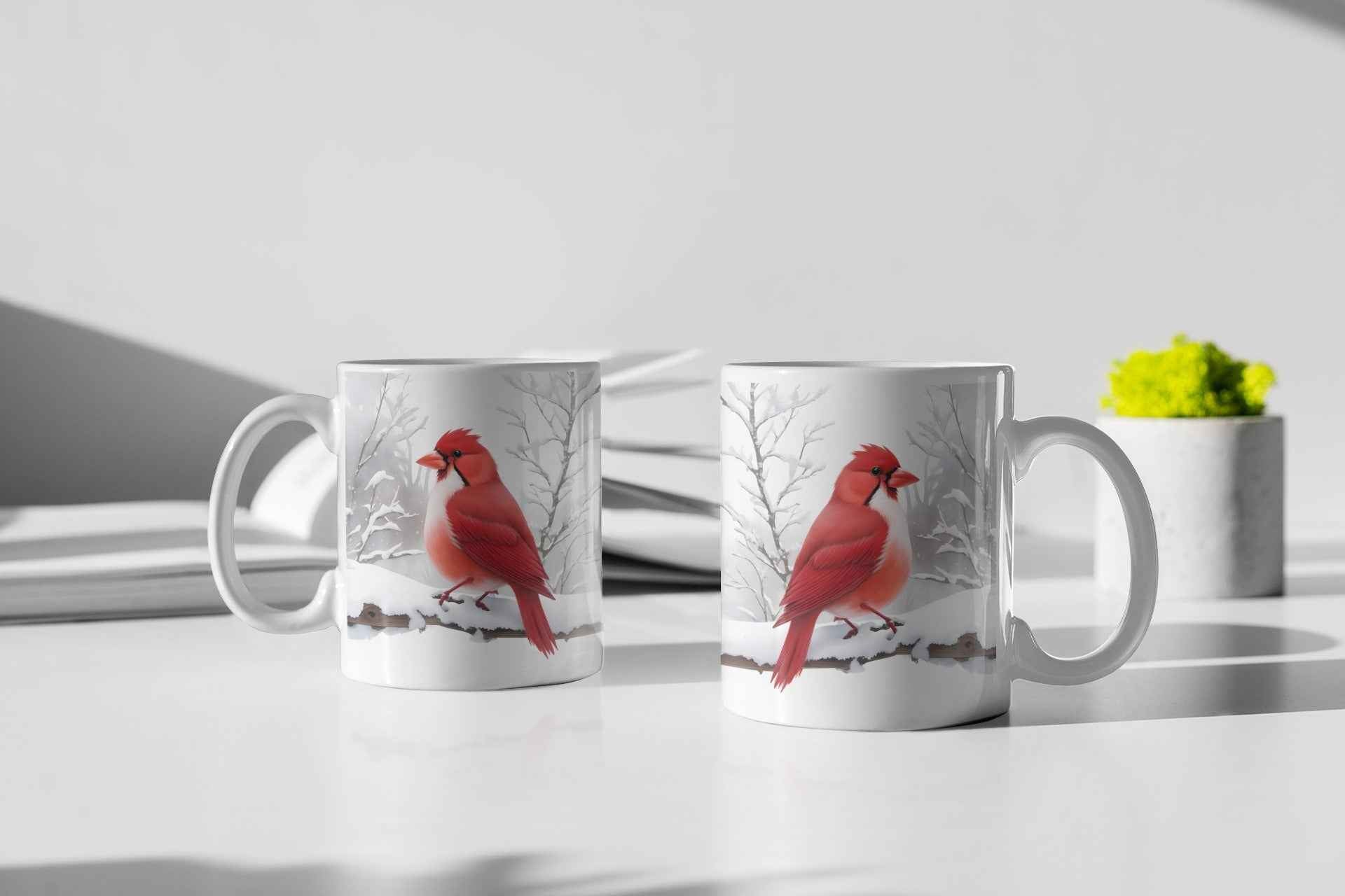 Cardinal Coffee Mug White Ceramic, Snow Scene Design