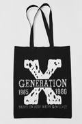 Black tote bag with white graphic design and text on a light gray background