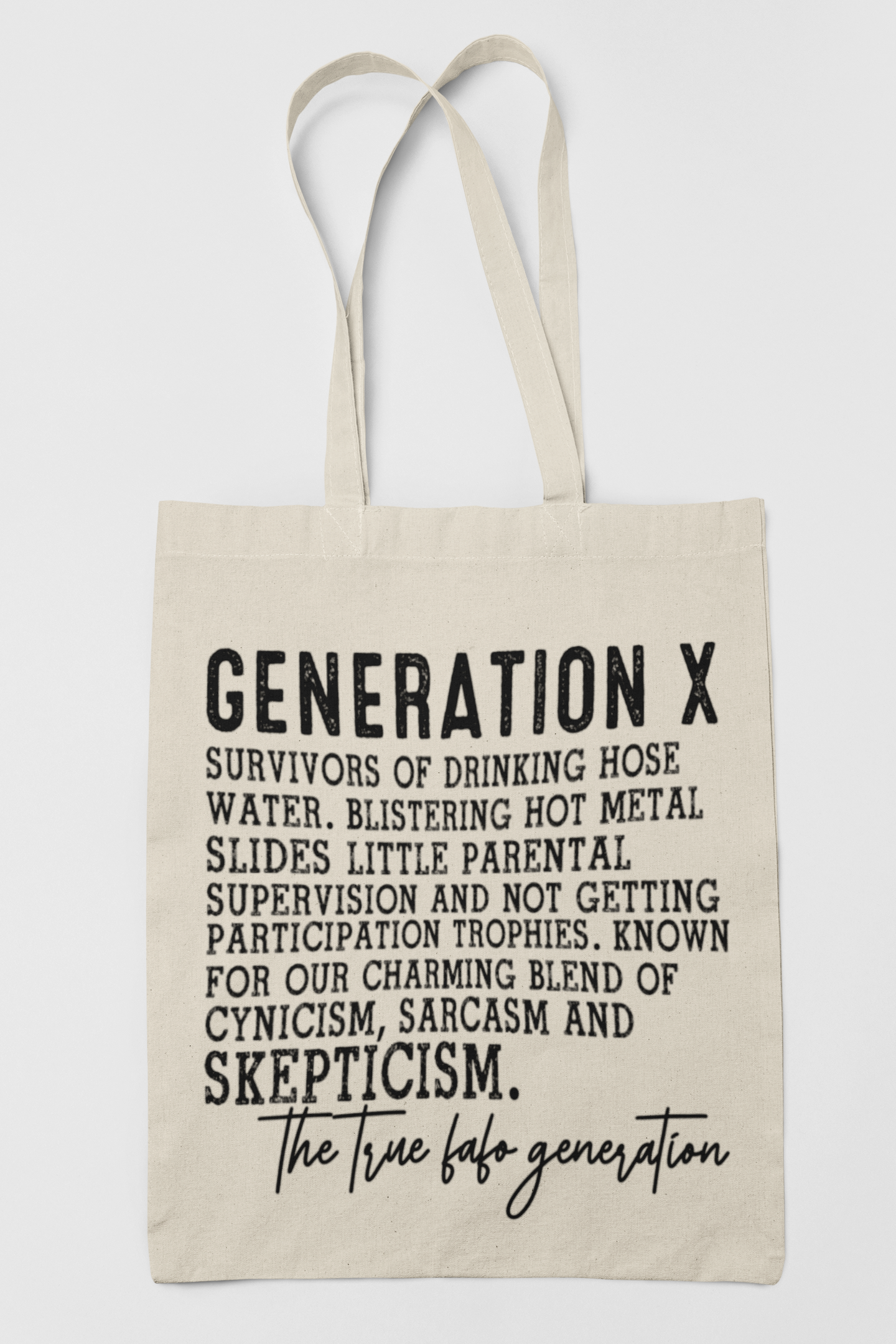 Tote bag with 'Generation X' text on a white background
