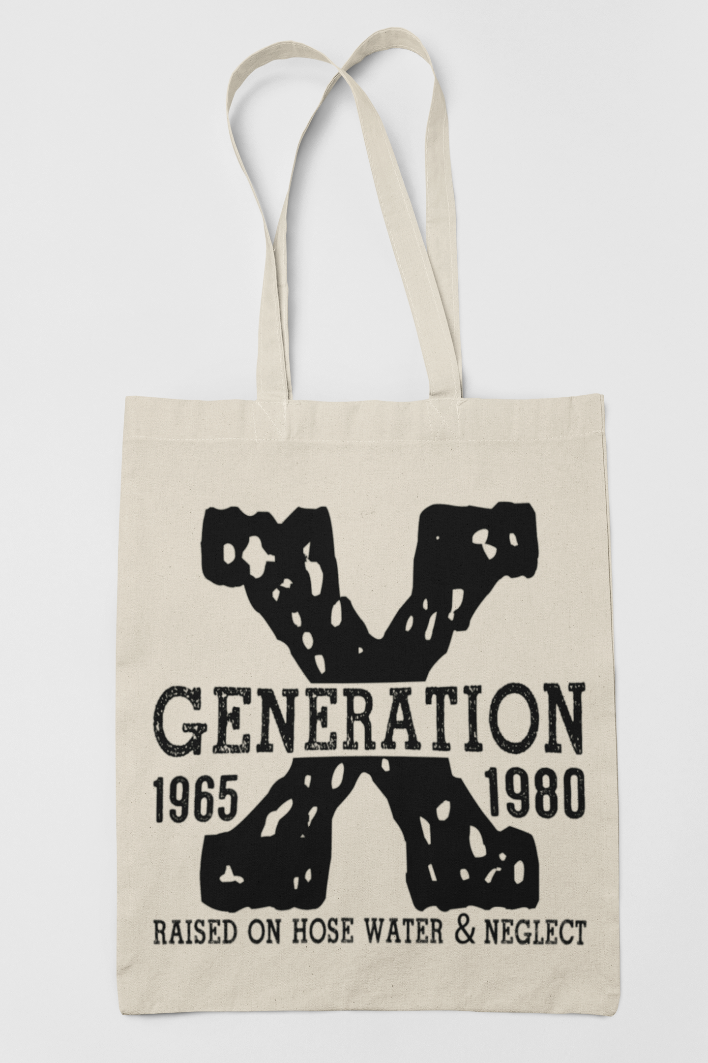 Beige tote bag with black graphic design and text on a white background