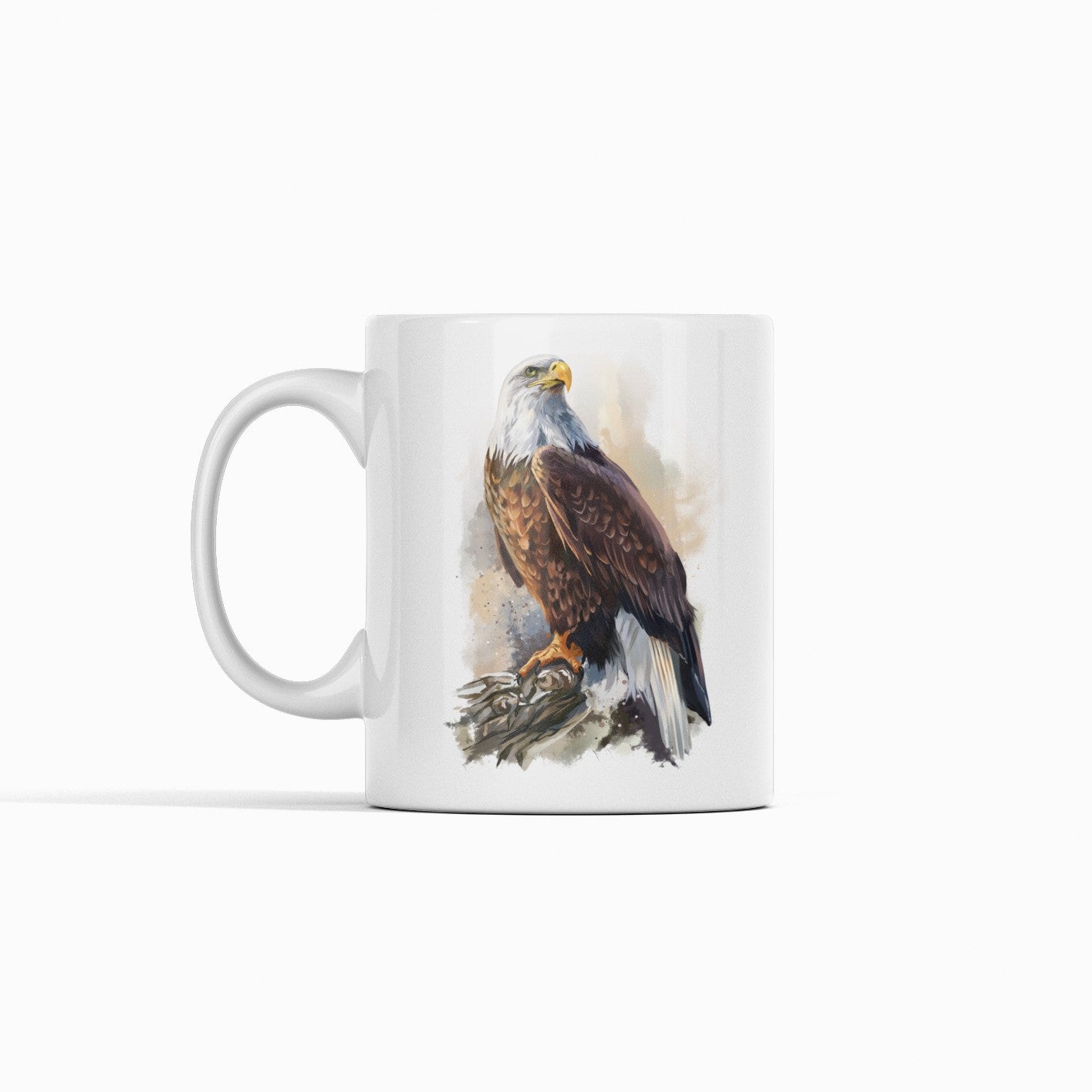White mug with an eagle design on a white background