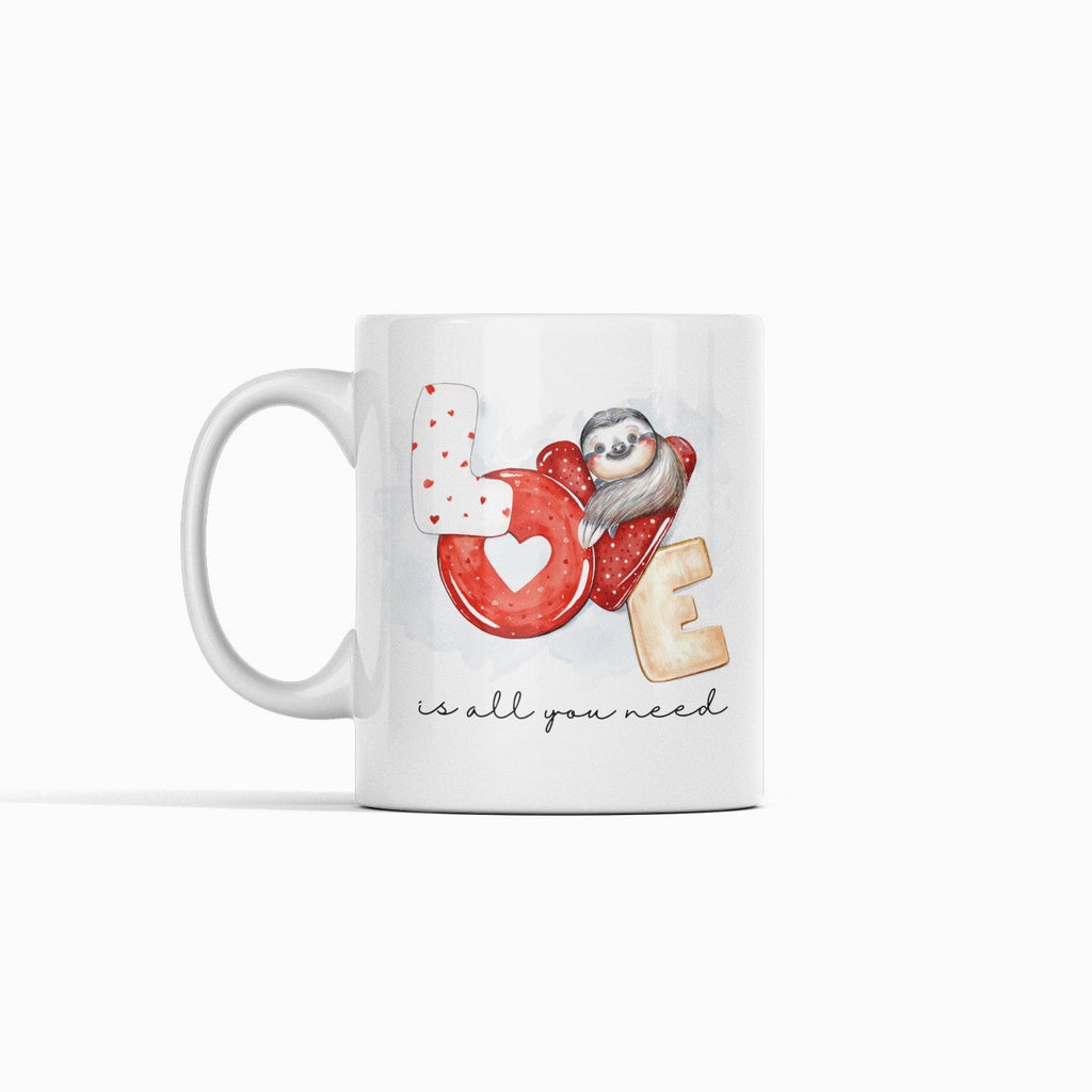 Cute Sloth Love Coffee Mug, 11 oz Ceramic Cup, White with Heart Design