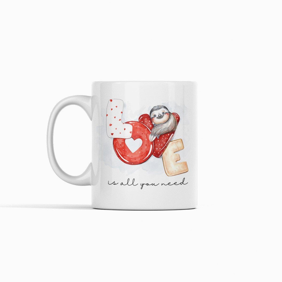 Cute Sloth Love Coffee Mug, 11 oz Ceramic Cup, White with Heart Design