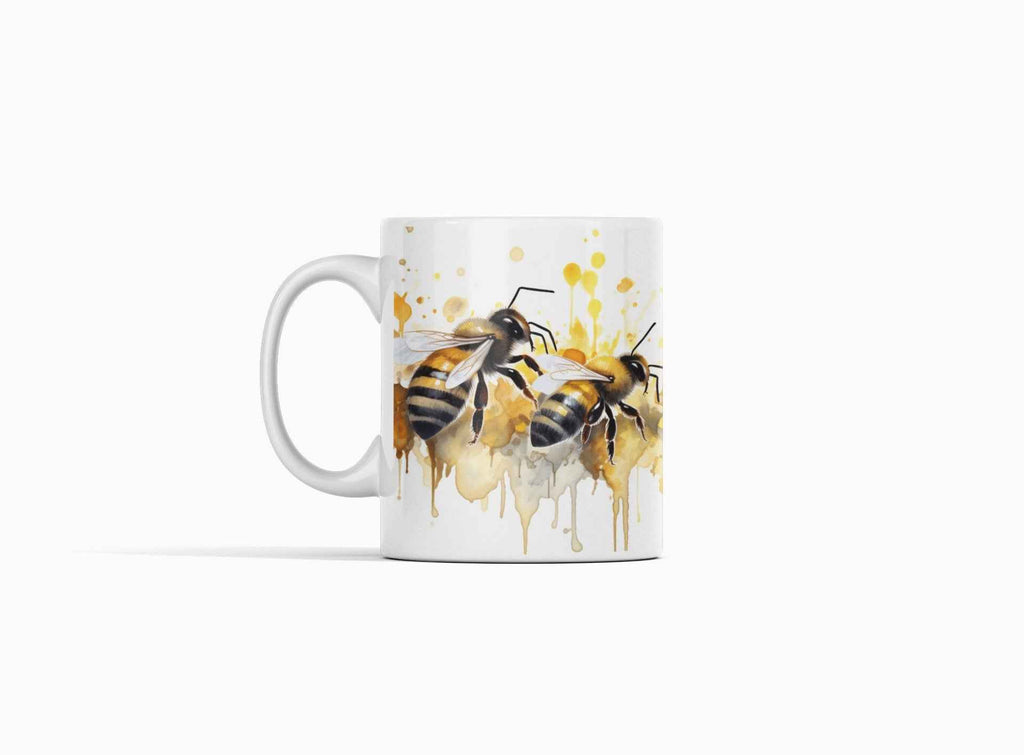 Artistic Honeybee White Ceramic Coffee Mug with Yellow and Pink Watercolor Design
