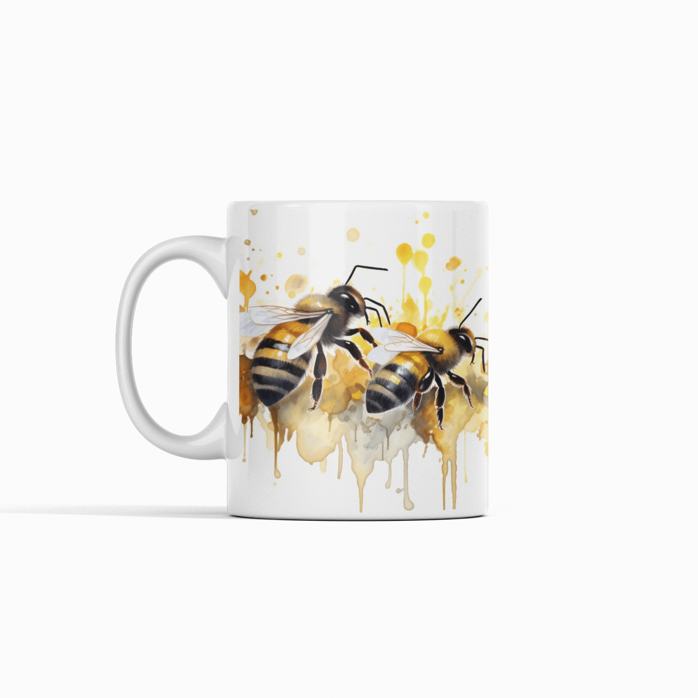 Artistic Honeybee Coffee Mug, White Ceramic with Yellow and Pink Watercolor Design