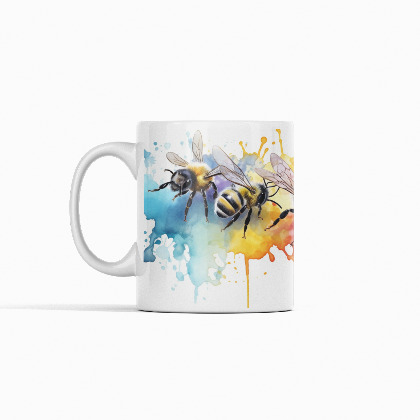 Artistic Honeybee Coffee Mug, White Ceramic with Pink Watercolor Design
