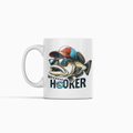 A white ceramic mug featuring a graphic of a fishing bass wearing a red and blue cap and sunglasses, with the text 'WEEKEND HOOKER' printed below.