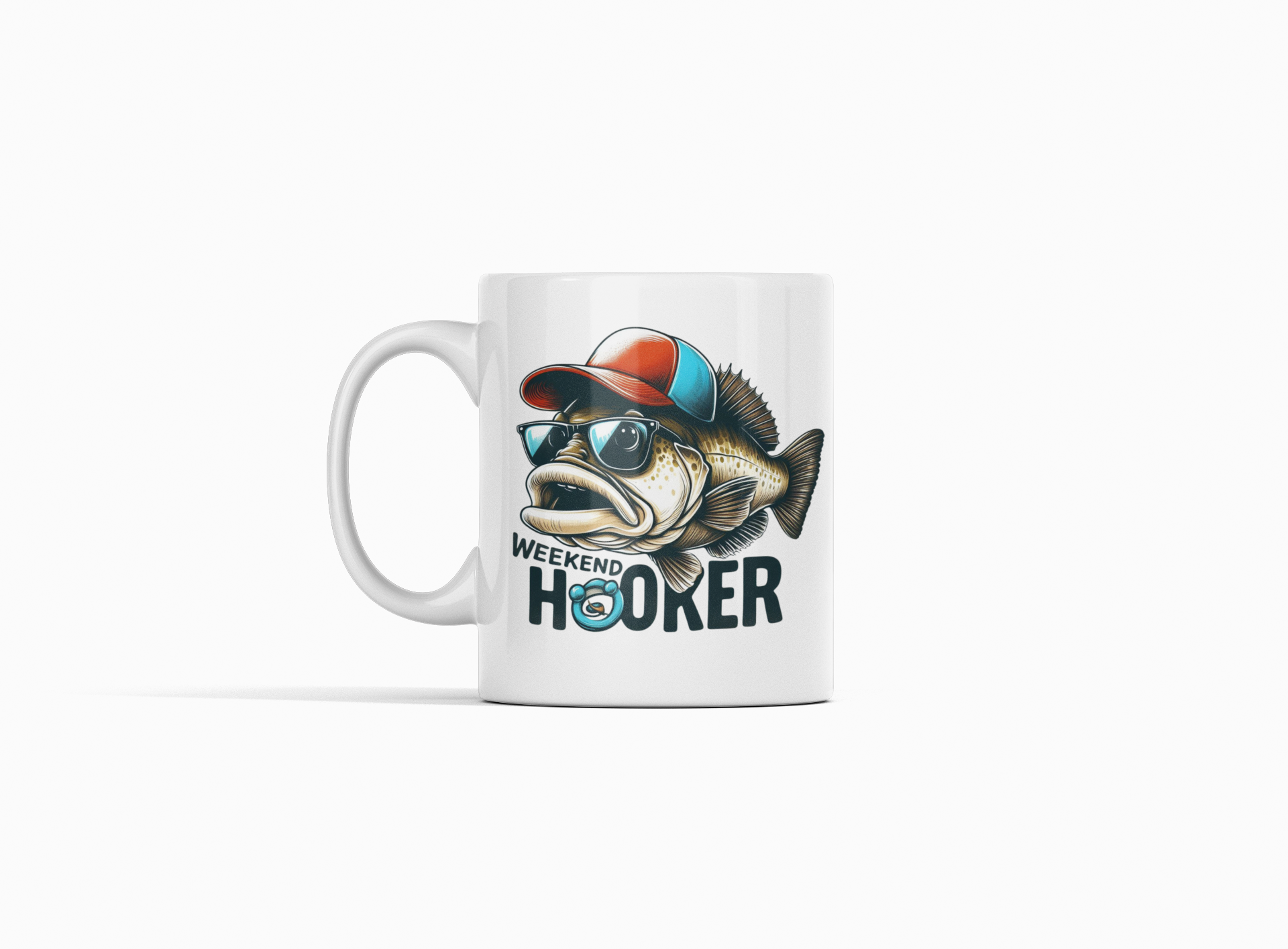 A white ceramic mug featuring a graphic of a fishing bass wearing a red and blue cap and sunglasses, with the text 'WEEKEND HOOKER' printed below.