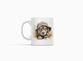Mug with a printed image of a dog wearing a hat on a white background