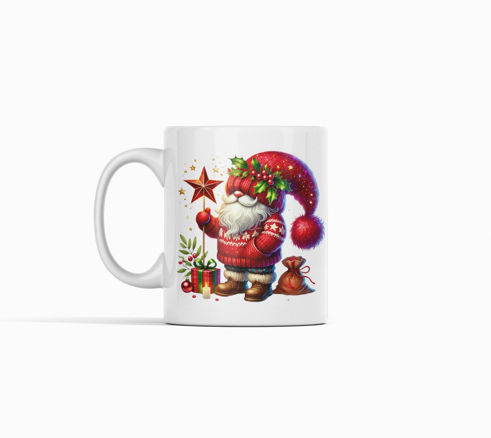 Mug with a festive gnome design on a white background