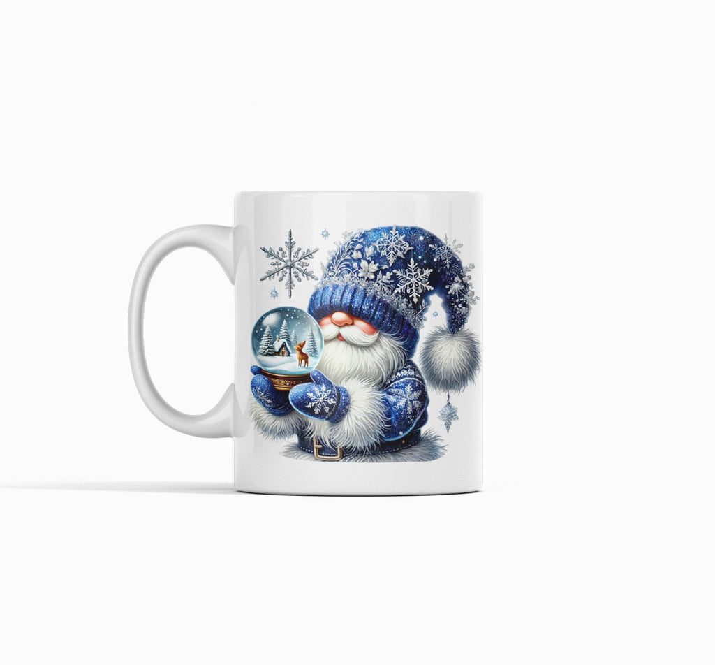 White mug with a decorative design of a gnome in a blue outfit and hat on a white background