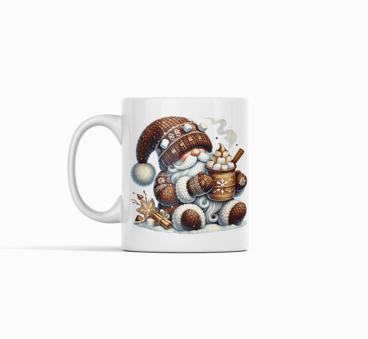 White mug with a decorative design of a gnome holding a barrel on a white background