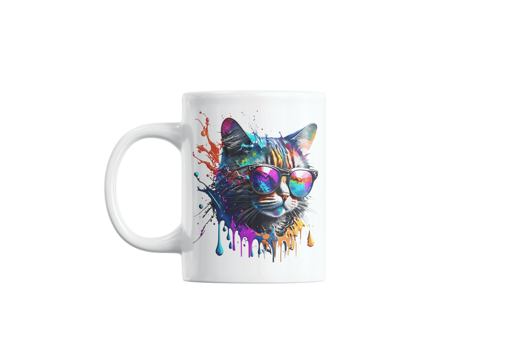 Mug with a colorful cat design wearing sunglasses on a white background