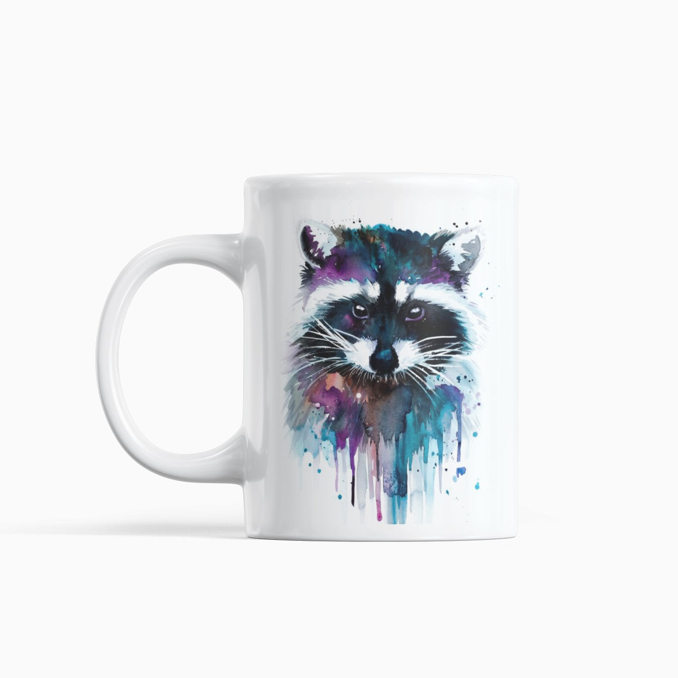 Mug with a colorful raccoon design on a white background