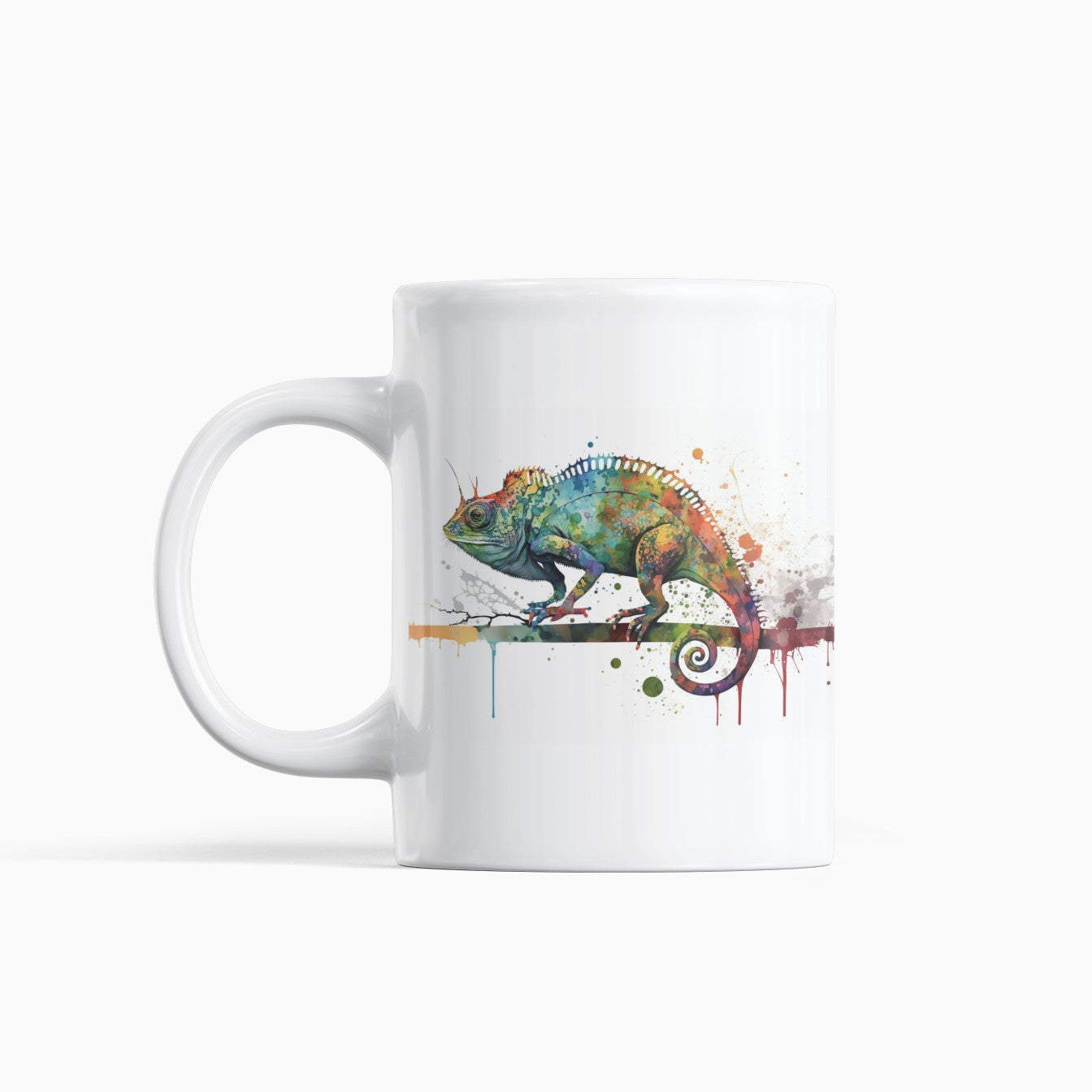 White mug with a colorful chameleon design on a white background