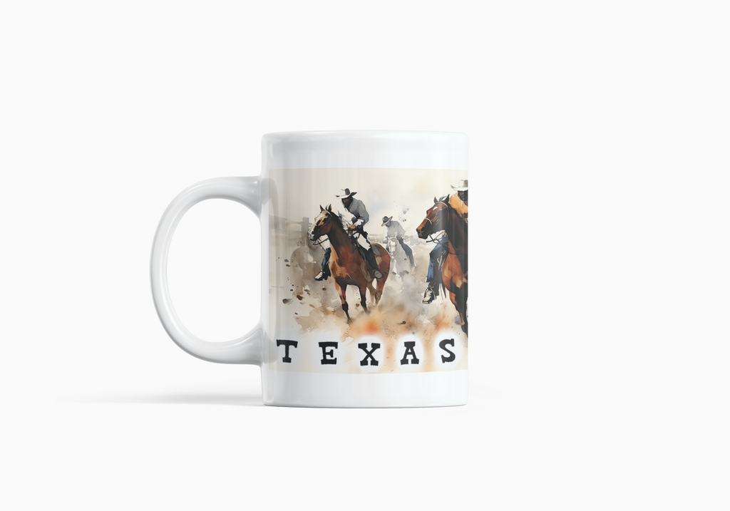 A white ceramic mug featuring a printed graphic of a Western-themed rodeo scene with horses and riders, and the word 'TEXAS' printed below in black block letters.