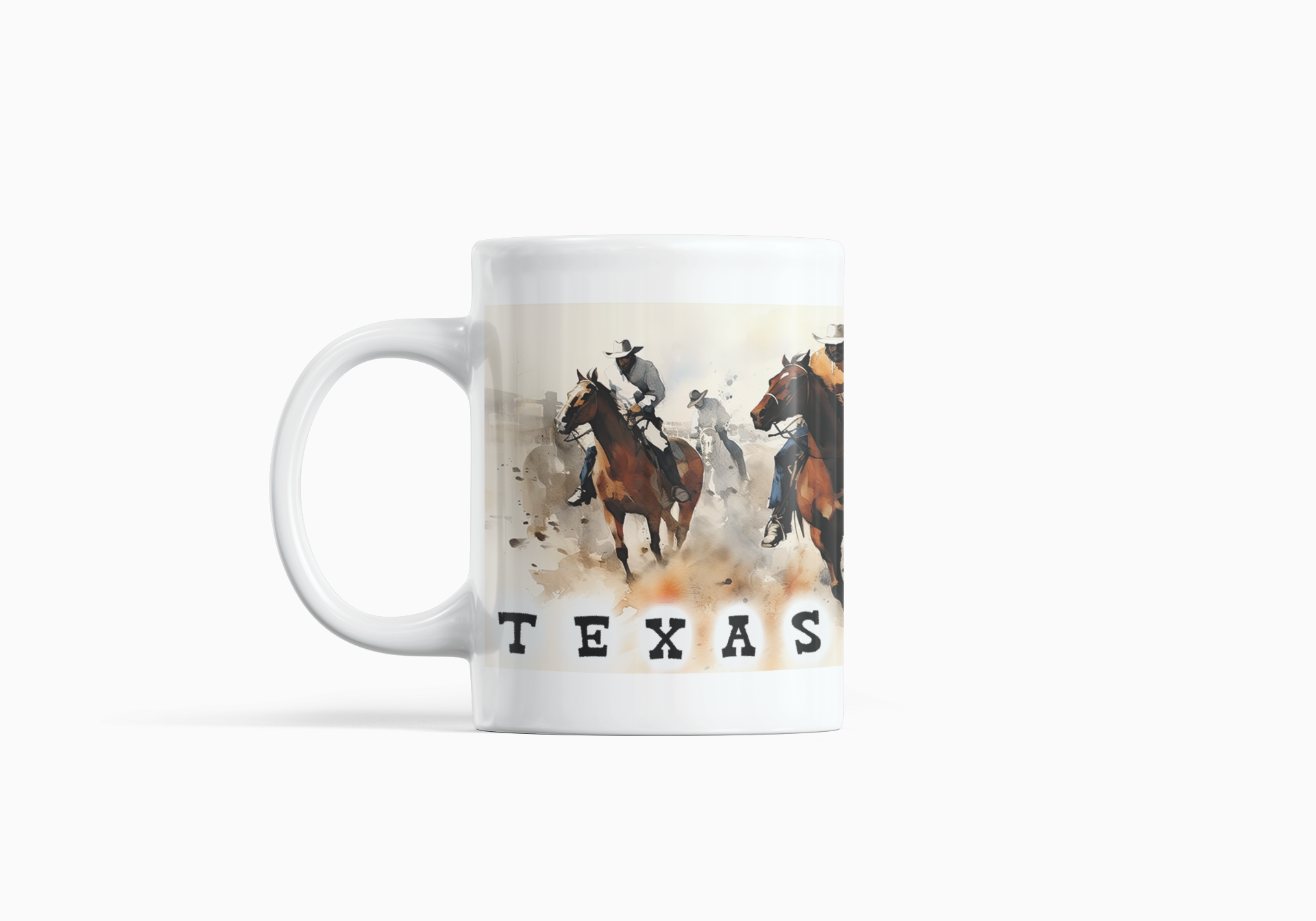 A white ceramic mug featuring a printed graphic of a Western-themed rodeo scene with horses and riders, and the word 'TEXAS' printed below in black block letters.