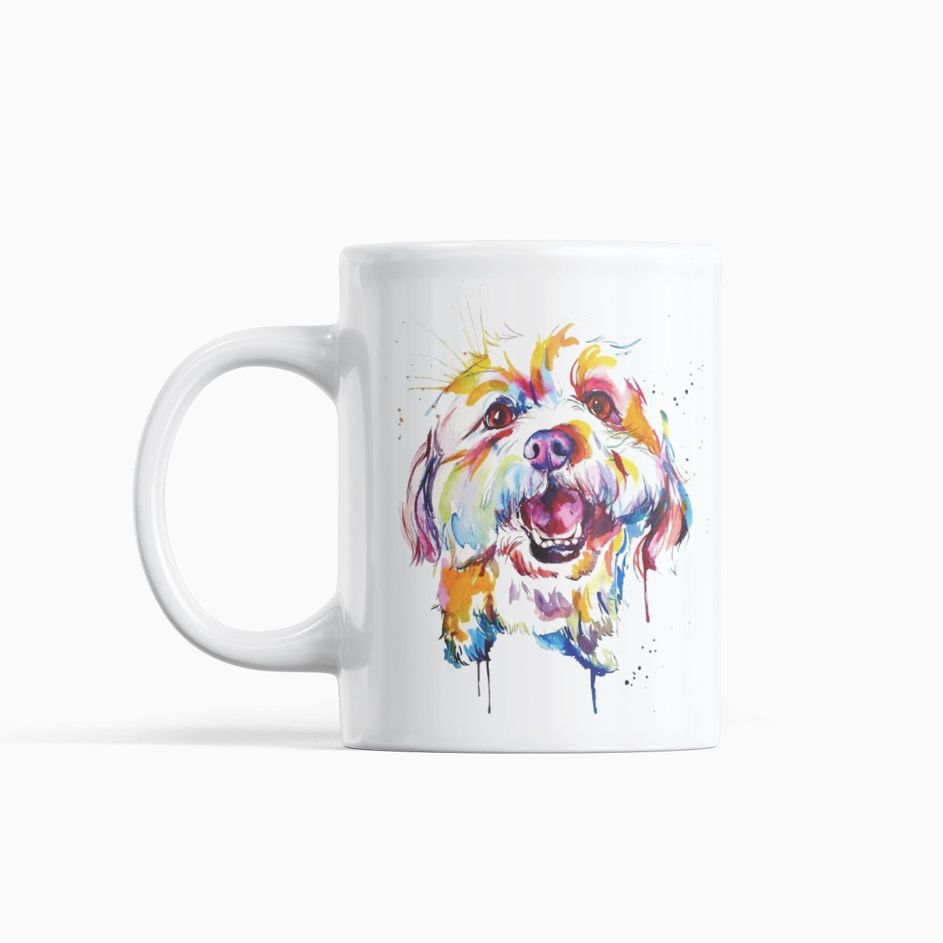 White mug with a colorful dog illustration on a white background