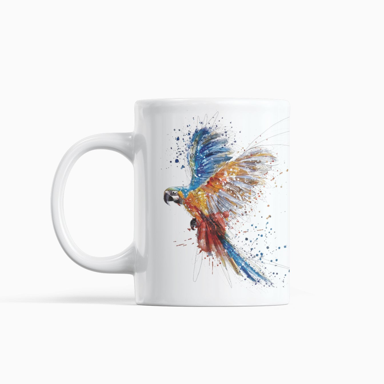 White mug with a colorful parrot design on a white background