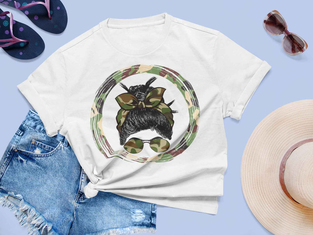 Camouflage Print Messy Bun T-Shirt, Military Style Graphic, White (US, Alpha, Small, Regular, Regular)