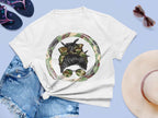 Camouflage Print Messy Bun T-Shirt, Military Style Graphic, White (US, Alpha, Small, Regular, Regular)