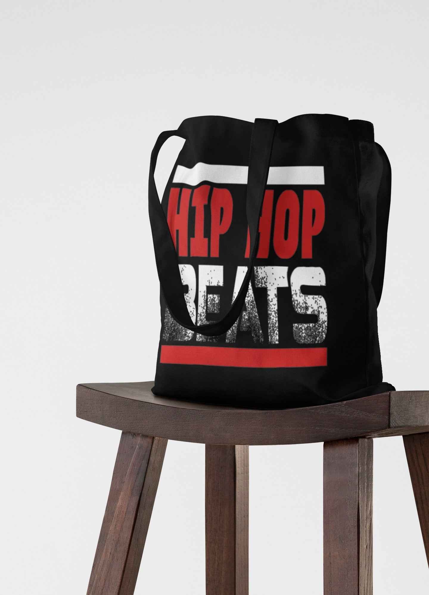 Hip Hop Beats Black Canvas Bag, Graphic Print Design, Stylish Shoulder Carry, Music Theme Shopping Bag