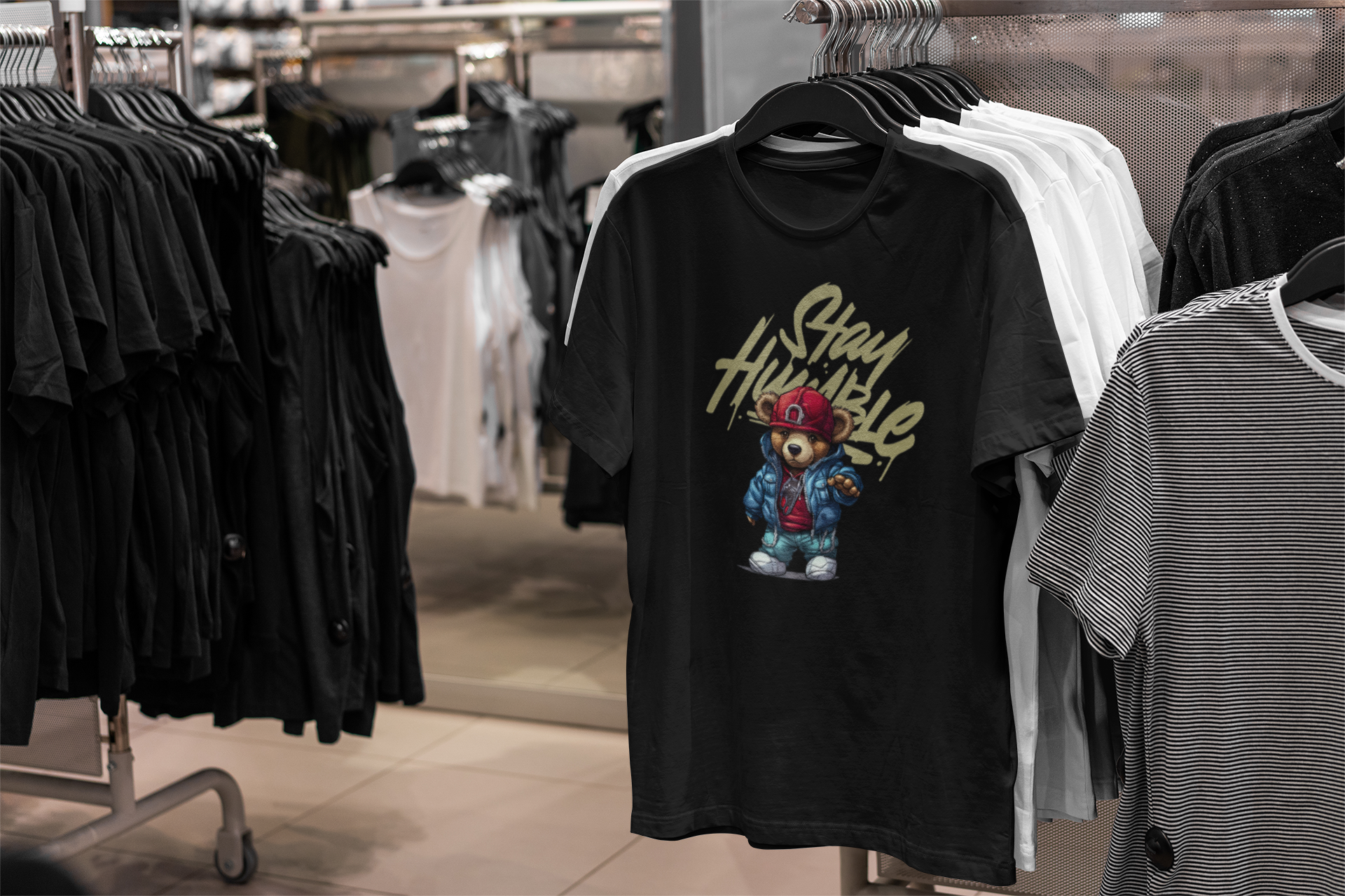 Black t-shirt with graphic design and text hanging on a rack in a store.