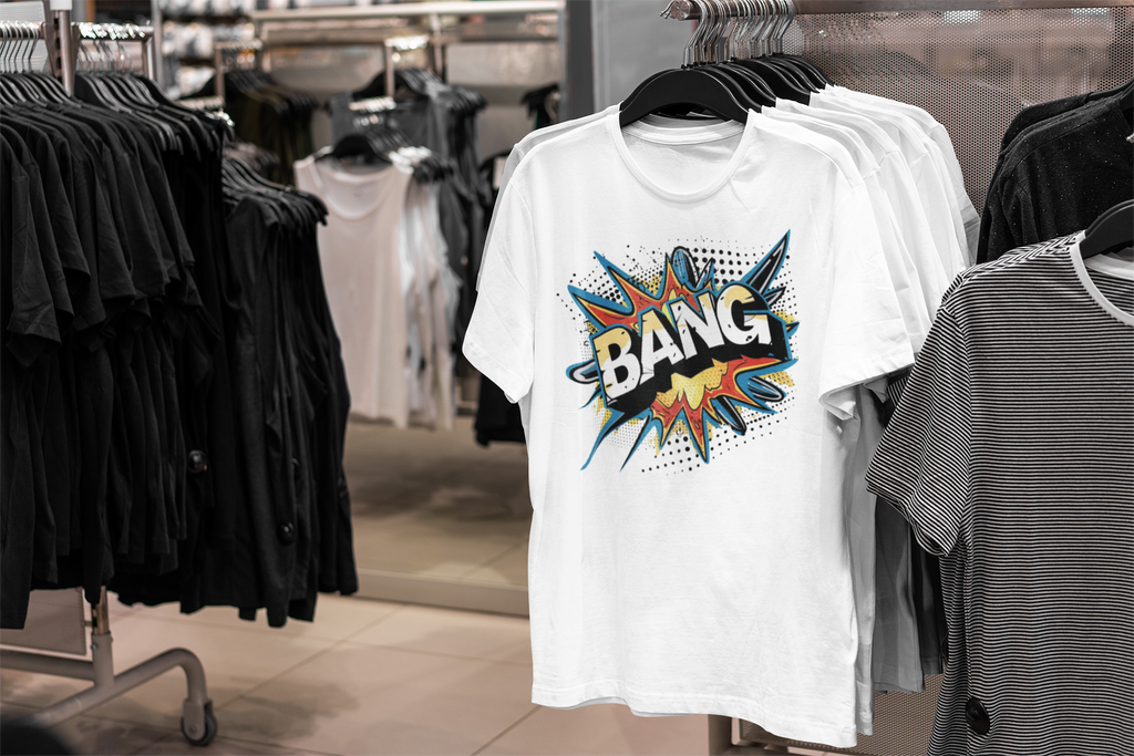 A white short-sleeve graphic T-shirt hanging on a black hanger in a clothing store, featuring a colorful comic-style explosion graphic with the word 'BANG' in white outlined in black.