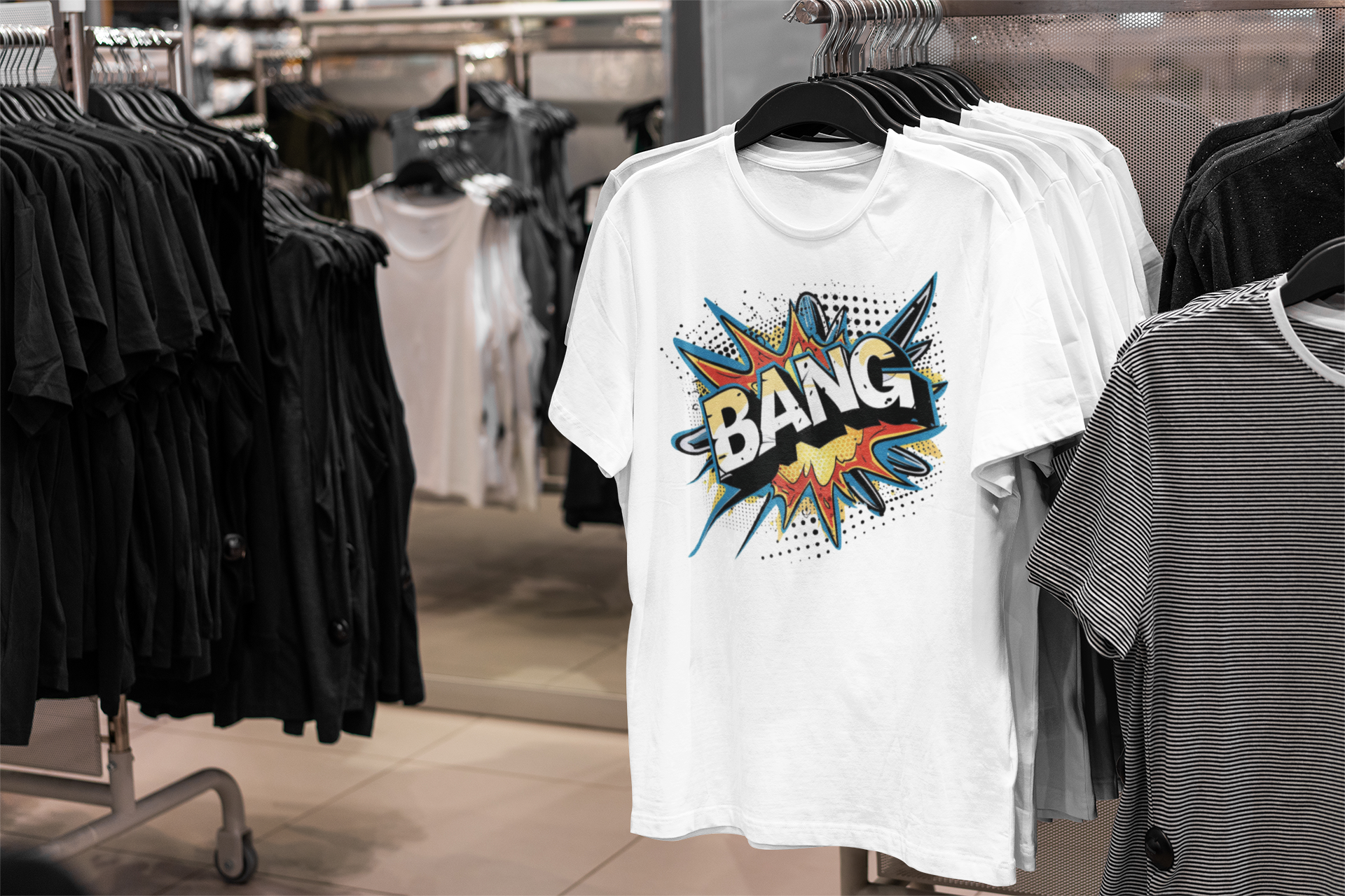 A white short-sleeve graphic T-shirt hanging on a black hanger in a clothing store, featuring a colorful comic-style explosion graphic with the word 'BANG' in white outlined in black.