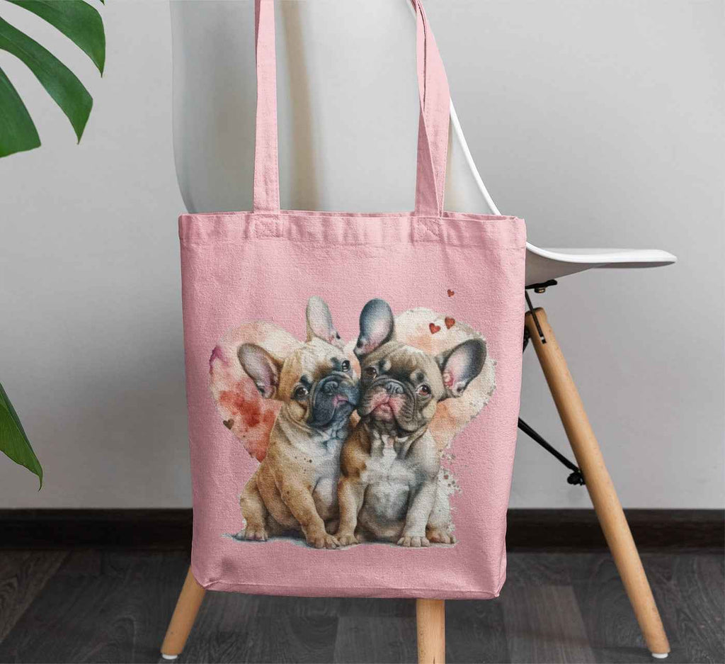 French Bulldog Love Canvas Tote Bag, Canvas Cotton Shopping Bag with Puppy Design