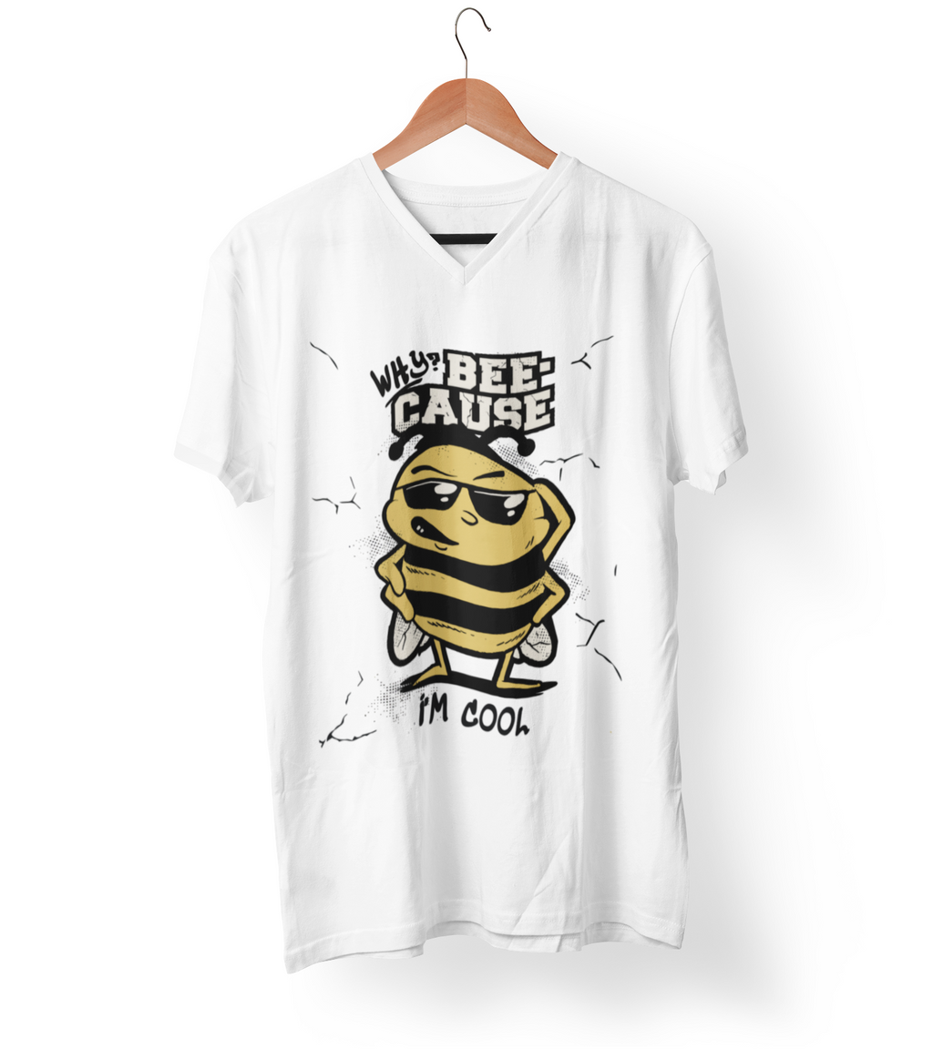 White t-shirt with a bee graphic and text on a white background