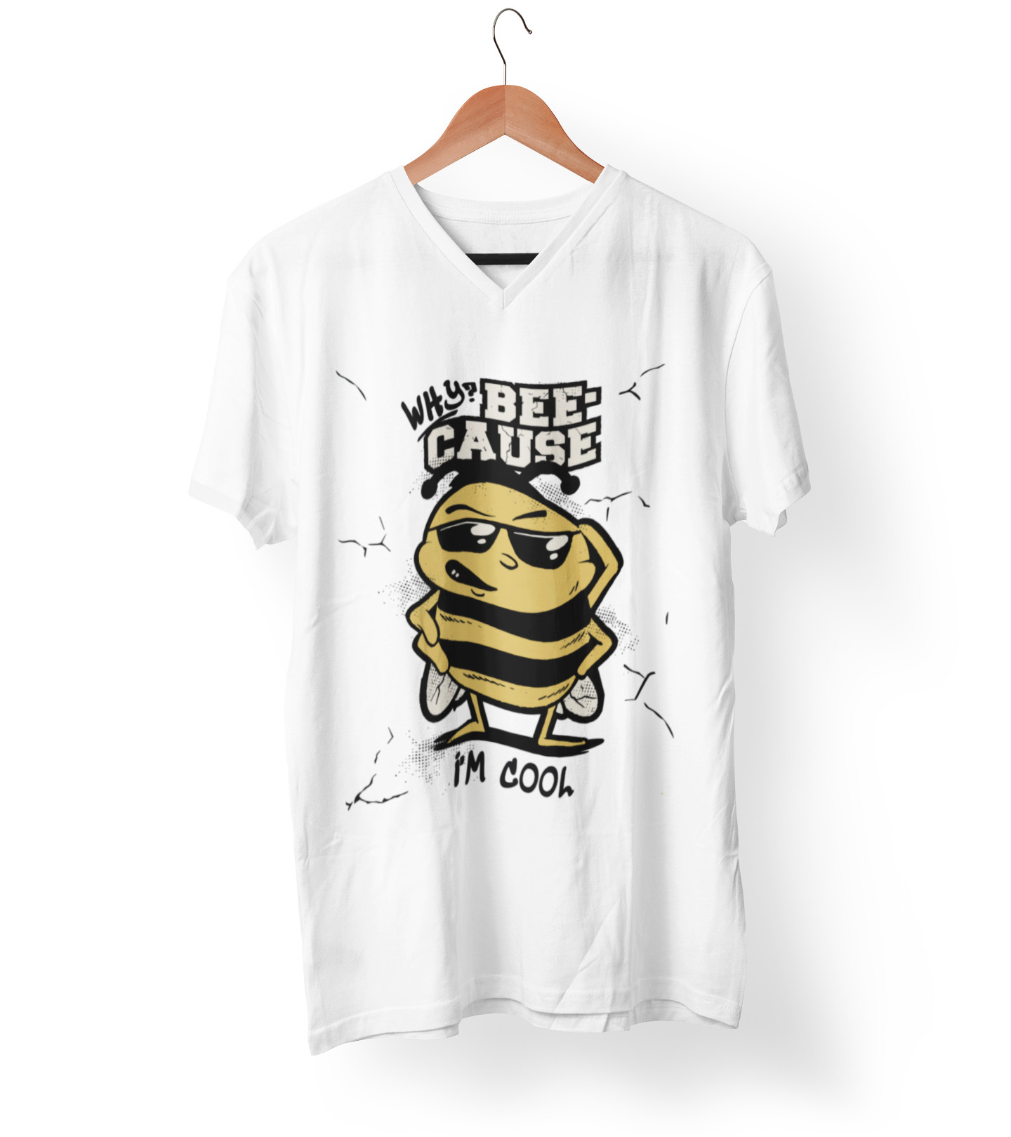 White t-shirt with a bee graphic and text on a white background