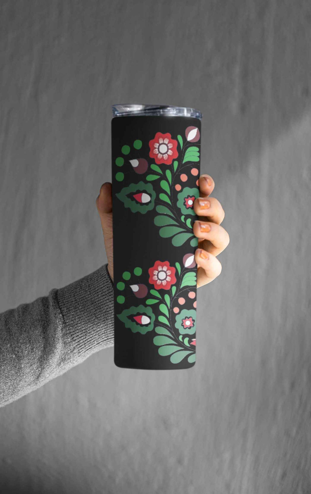 Floral Folk Art Insulated Tumbler, 20 oz, Black with Red Flowers, Stainless Steel